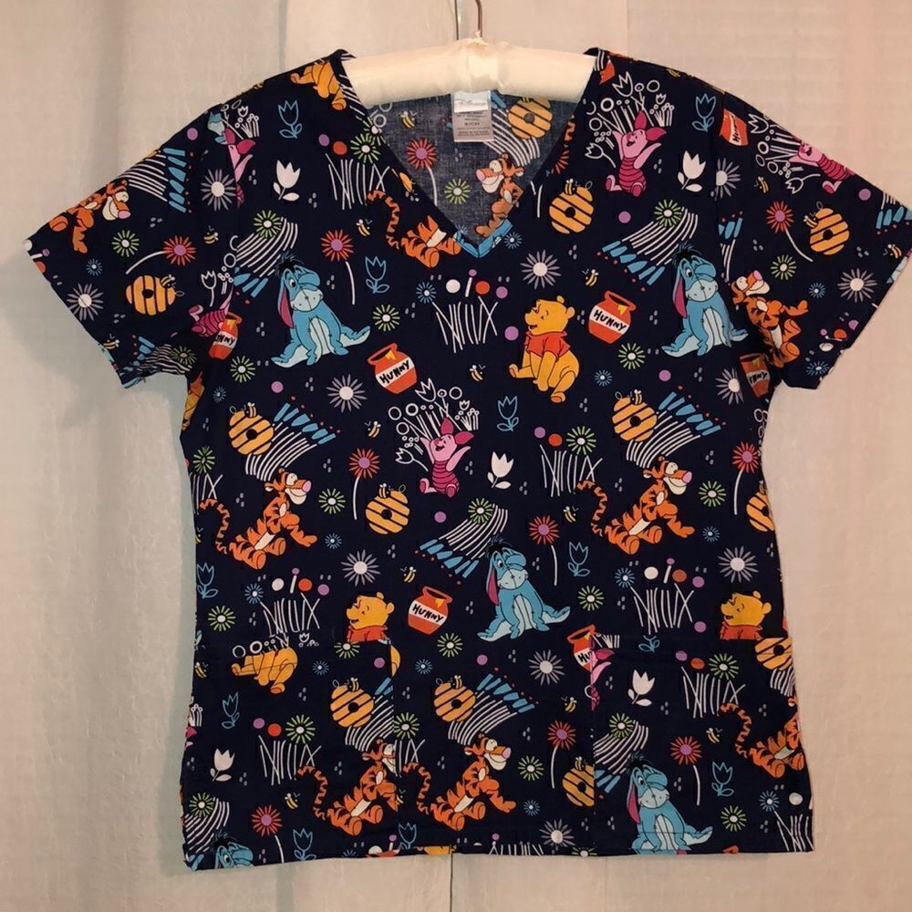 Disney S Winnie the Pooh Navy Multicolored 3 Pocket V-Neck Cotton Scrub Top
